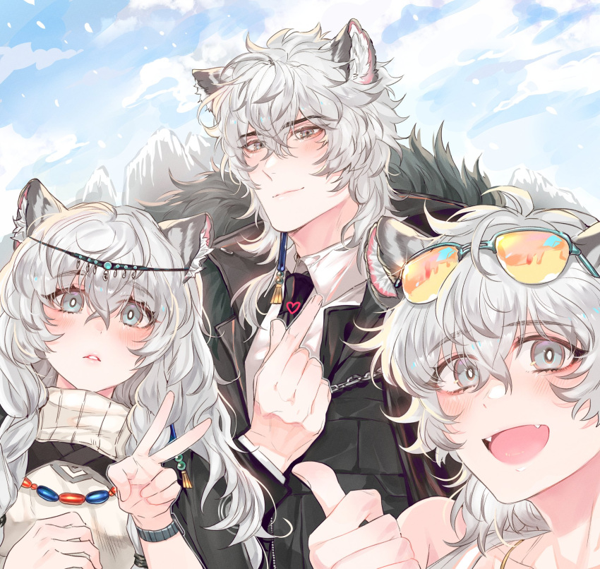 1boy 2girls animal_ears arknights asymmetrical_hair bead_necklace beads black_coat black_neckwear blue_sky cliffheart_(arknights) closed_mouth clouds coat earrings eyewear_on_head fangs finger_heart fur-trimmed_coat fur_trim grey_eyes head_chain highres jewelry leopard_boy leopard_ears leopard_girl light_smile looking_at_viewer mad_pingu medium_hair mountain multiple_girls necklace necktie open_mouth orange-tinted_eyewear parted_lips pramanix_(arknights) shirt silverash_(arknights) single_earring sky smile sunglasses symbol-only_commentary thumbs_up tinted_eyewear tongue turtleneck upper_body v watch watch white_hair white_shirt