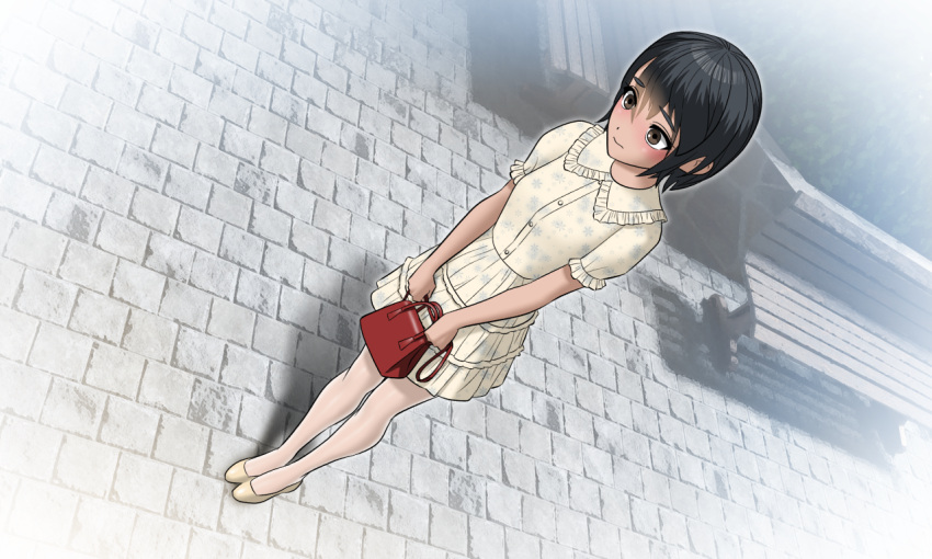 1girl bag bangs bench black_hair blush_stickers brown_eyes closed_mouth cobblestone dress dutch_angle embarrassed from_above hair_between_eyes handbag herikutsu_ryuutsuu_center holding_purse looking_ahead nervous original outdoors park_bench red_bag shoes short_hair short_sleeves solo standing thick_eyebrows white_dress white_footwear white_legwear
