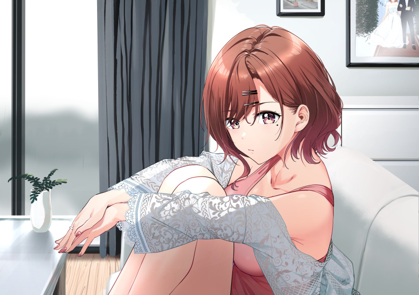 1girl :t bangs bare_legs breasts coffee_table collarbone couch curtains drawer hair_between_eyes hair_ornament hairclip highres higuchi_madoka hugging_own_legs idolmaster idolmaster_shiny_colors indoors jewelry knees_up lace_print light_blush looking_at_viewer medium_breasts mole mole_under_eye nail_polish nonbire picture_frame plant portrait potted_plant red_eyes red_tank_top ring shirt sitting solo tank_top wedding_photo wedding_ring white_shirt window wooden_floor