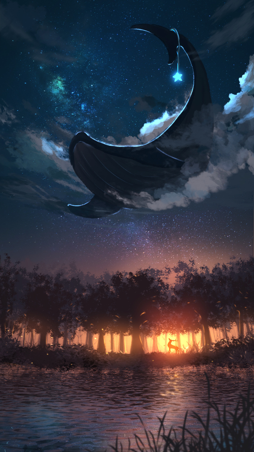 asaka_fuyutoshi clouds deer flying_whale forest highres nature night no_humans original scenery sky star_(sky) star_ornament starry_sky sunset water whale