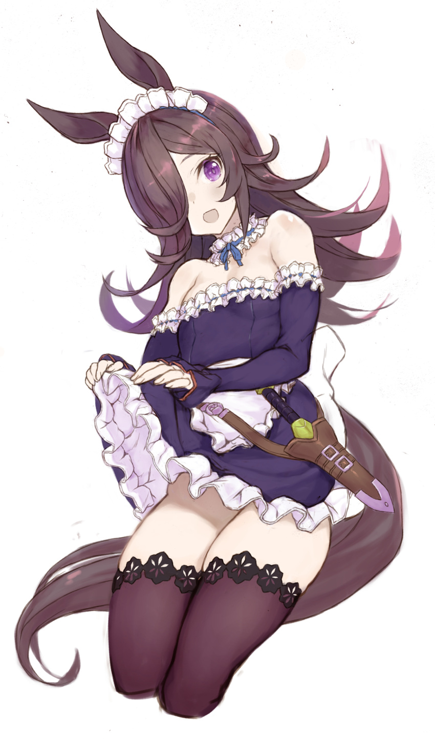1girl absurdres alternate_costume animal_ears apron bangs black_legwear breasts brown_hair clothes_lift cropped_legs dagger detached_sleeves dress frilled_apron frills hair_over_one_eye highres horse_ears horse_girl horse_tail knife lifted_by_self long_hair maid_headdress open_mouth purple_dress rice_shower_(umamusume) ryo_(tg290) simple_background skirt skirt_lift small_breasts solo strapless strapless_dress tail thigh-highs umamusume violet_eyes waist_apron weapon white_background