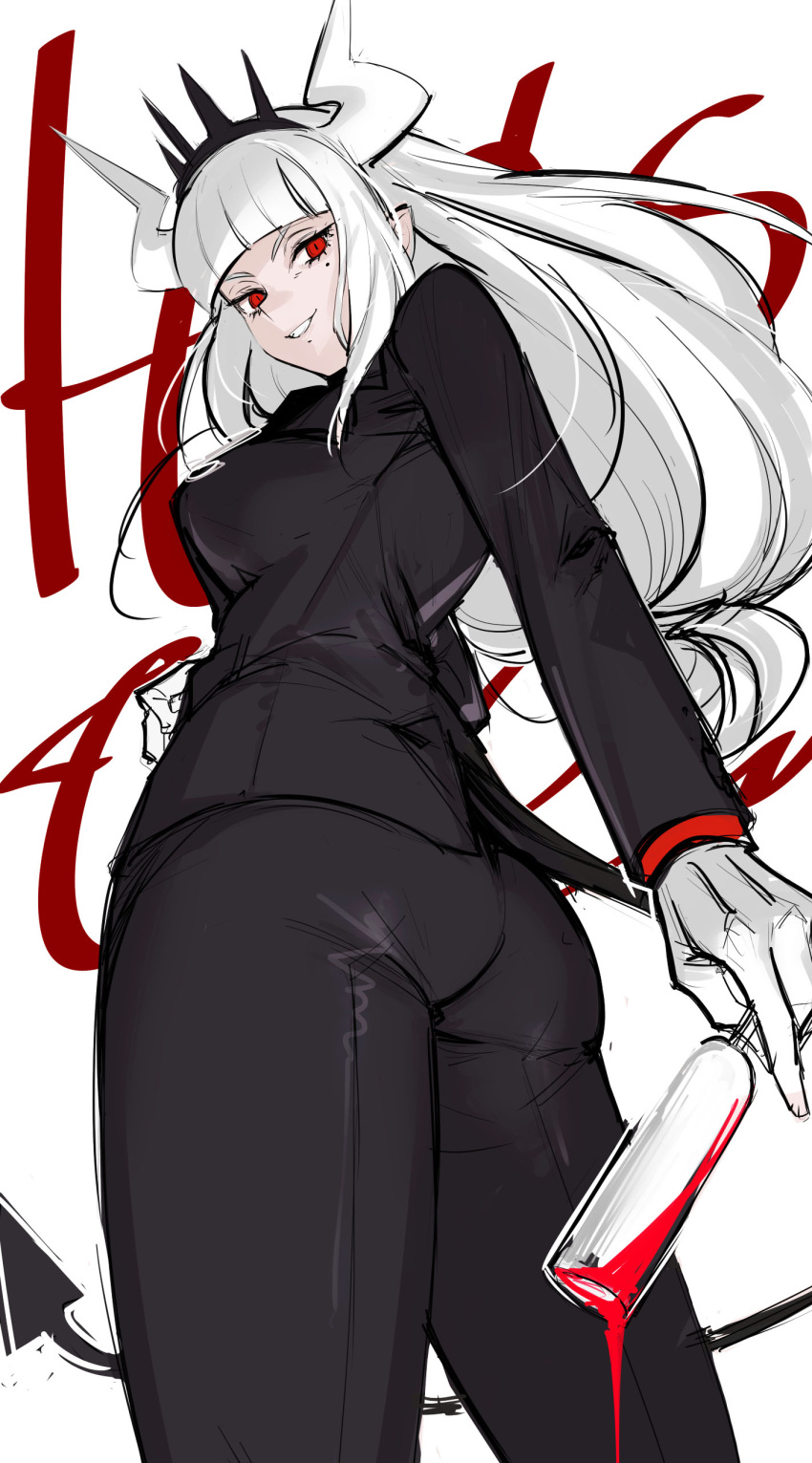 1girl absurdres alcohol ass bangs blunt_bangs champagne_flute cup drinking_glass formal gloves grin hairband helltaker highres horns long_hair looking_at_viewer lucifer_(helltaker) mole mole_under_eye red_eyes simple_background smile solo spilling suit tail tetsu_(kimuchi) white_background white_gloves white_hair wine
