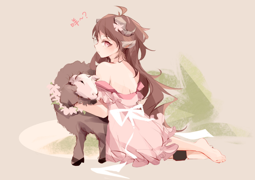 1girl absurdres ahoge animal_ears anklet arknights bare_shoulders barefoot beige_background brown_hair chinese_commentary closed_mouth commentary_request dress eyebrows_visible_through_hair eyjafjalla_(arknights) eyjafjalla_(summer_flowers)_(arknights) from_behind full_body goat_ears goat_horns highres horns jewelry kneeling long_hair looking_at_viewer looking_back off-shoulder_dress off_shoulder official_alternate_costume pink_dress pink_eyes sheep simple_background solo translation_request wuws