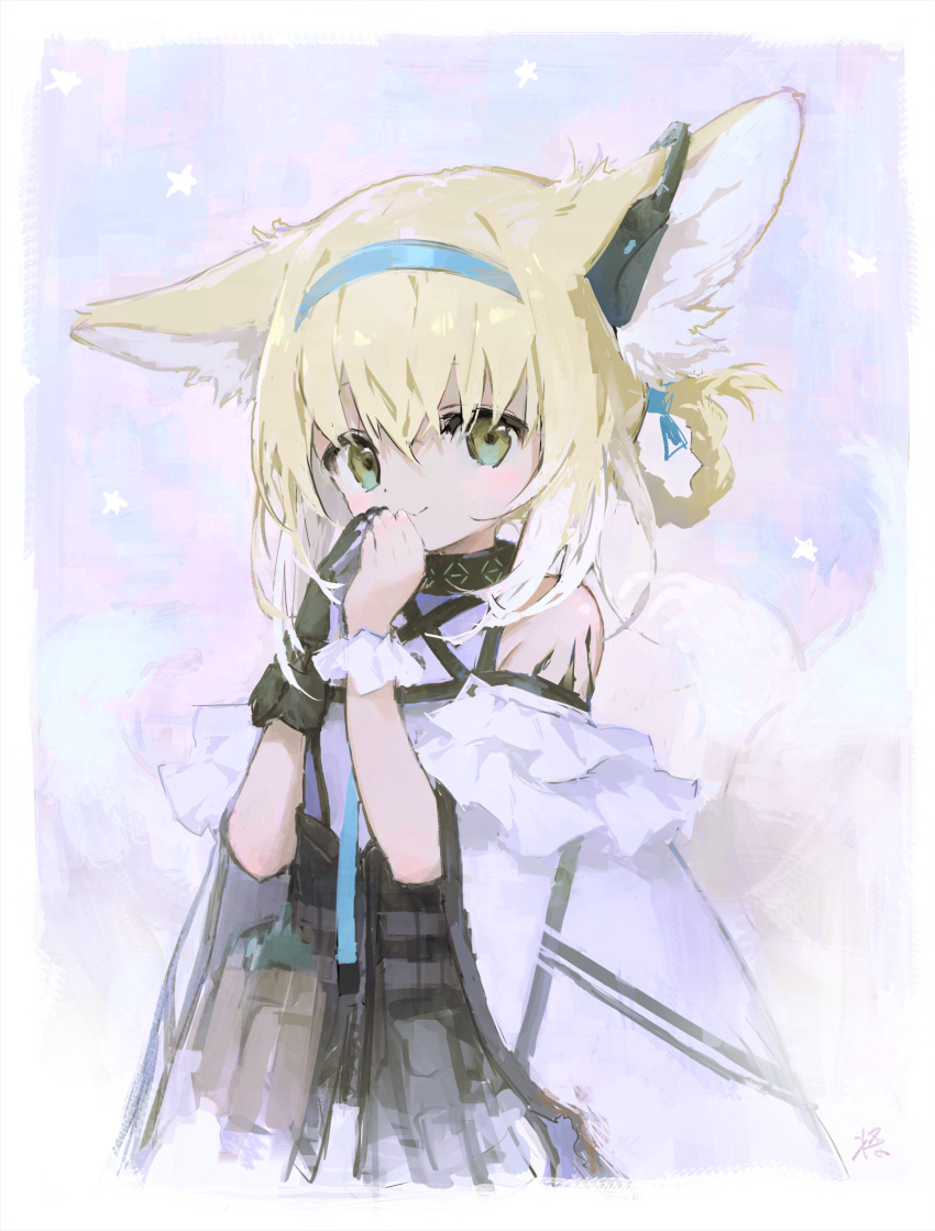 1girl animal_ears arknights bare_shoulders black_collar black_gloves black_vest blonde_hair blue_hairband border braid collar dress earpiece fox_ears fox_tail gloves green_eyes hairband hands_together highres infection_monitor_(arknights) looking_at_viewer multicolored_hair multiple_tails oripathy_lesion_(arknights) sho_(sho_lwlw) single_glove single_wrist_cuff smile solo streaked_hair suzuran_(arknights) tail upper_body vest white_border white_dress white_hair white_wristband wrist_cuffs