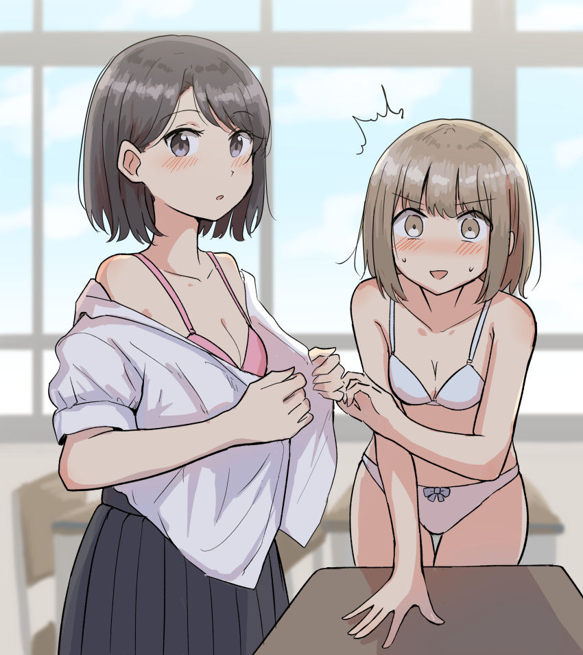 2girls absurdres betock black_hair bra brown_eyes brown_hair classroom grey_eyes highres indoors multiple_girls original panties school_uniform short_hair sweat underwear underwear_only undressing yuri