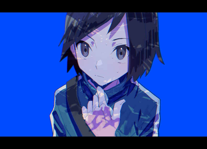 1boy absurdres asagiri_kogen bangs black_hair blue_background blue_jacket calem_(pokemon) closed_mouth commentary_request grey_eyes hand_up highres jacket letterboxed male_focus pokemon pokemon_(game) pokemon_xy short_hair simple_background solo strap sweat upper_body