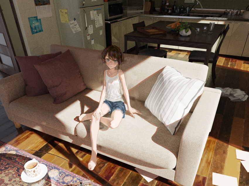arm_support asymmetrical_bangs bangs bare_legs brown_hair camisole carpet commentary couch cup cutoffs denim denim_shorts glass_table hand_on_own_knee highres indoors kitchen living_room looking_at_viewer mug on_couch original short_hair shorts sitting stove table wooden_floor yuu_akine