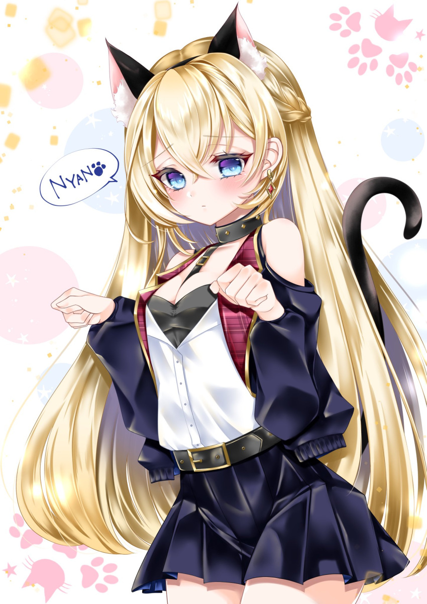 1girl animal_ears bangs bare_shoulders belt between_breasts black_collar blonde_hair blue_eyes blush braid breasts cat_ears cat_symbol cat_tail clenched_hand collar eyebrows_visible_through_hair fake_animal_ears frilled_skirt frills hair_between_eyes hands_up highres long_hair mayu_(sh-n-9) nyan original paw_print red_vest skirt solo speech_bubble tail unbuttoned very_long_hair vest violet_eyes