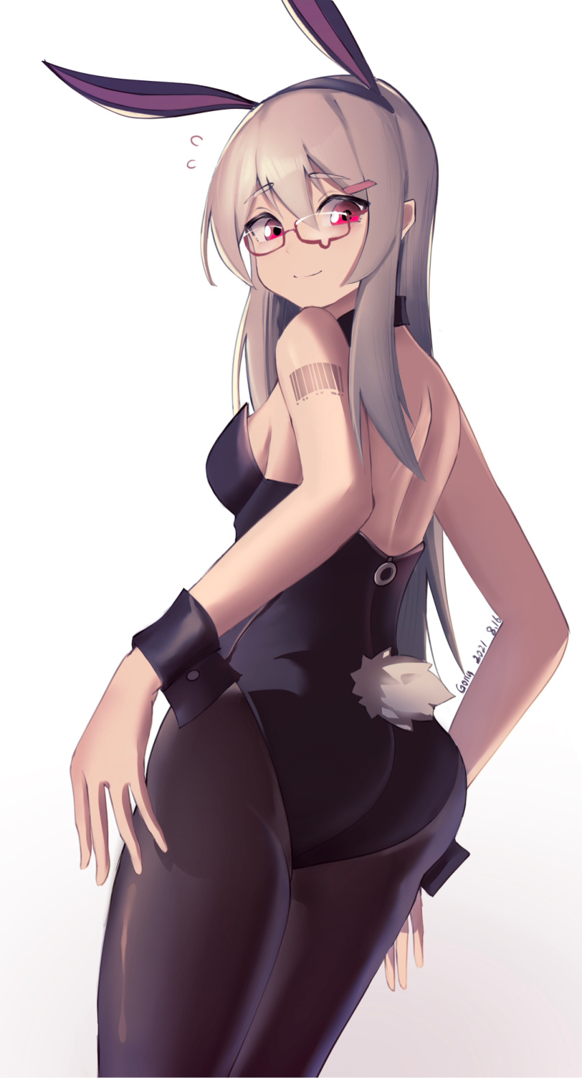 1girl animal_ears back barcode bare_back bare_shoulders bilibili_xiaolu black_legwear breasts chinese_commentary commentary_request dated extra_ears eyebrows_visible_through_hair fake_animal_ears fake_tail flying_sweatdrops glasses grey_hair highres kung_pao_pork looking_at_viewer original pantyhose playboy_bunny rabbit_ears rabbit_tail red_eyes semi-rimless_eyewear silver_hair simple_background smile solo tail thigh-highs under-rim_eyewear white_background wrist_cuffs