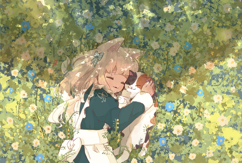 1girl :3 animal animal_ears animal_hug apron aqua_ribbon blonde_hair blue_flower calico cat cat_ears cheek-to-cheek closed_eyes commentary_request dress flower frilled_apron frills from_above grass green_background green_dress hair_ribbon heads_together highres juliet_sleeves long_hair long_sleeves lying oimo_imoo on_side orange_flower original parted_lips puffy_sleeves ribbon sketch solo white_apron white_flower