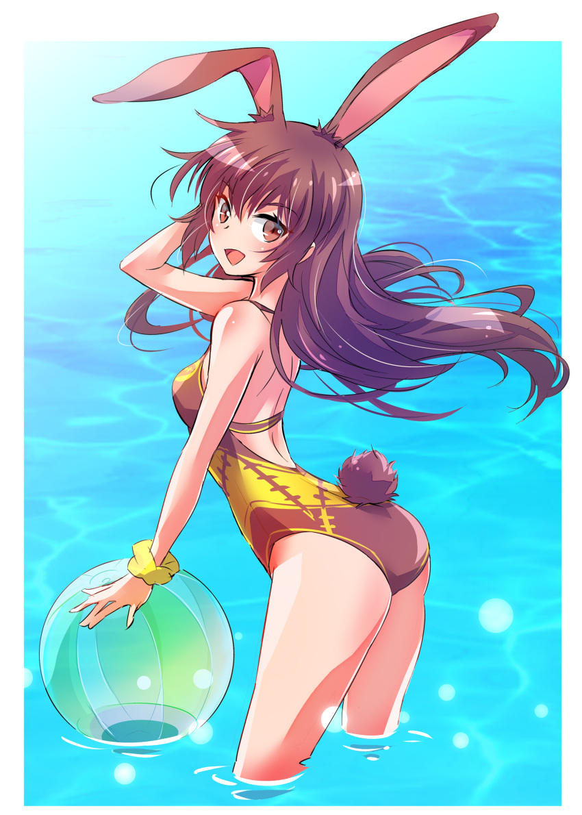 1girl :d absurdres animal_ears ass back ball bangs bare_shoulders beachball border breasts brown_eyes brown_hair brown_swimsuit commentary_request floating_hair from_side hand_in_hair highres iesupa leaning_forward long_hair looking_at_viewer one-piece_swimsuit open_mouth rabbit_ears rabbit_girl rabbit_tail rwby scrunchie smile swimsuit tail velvet_scarlatina wading water white_border wrist_scrunchie