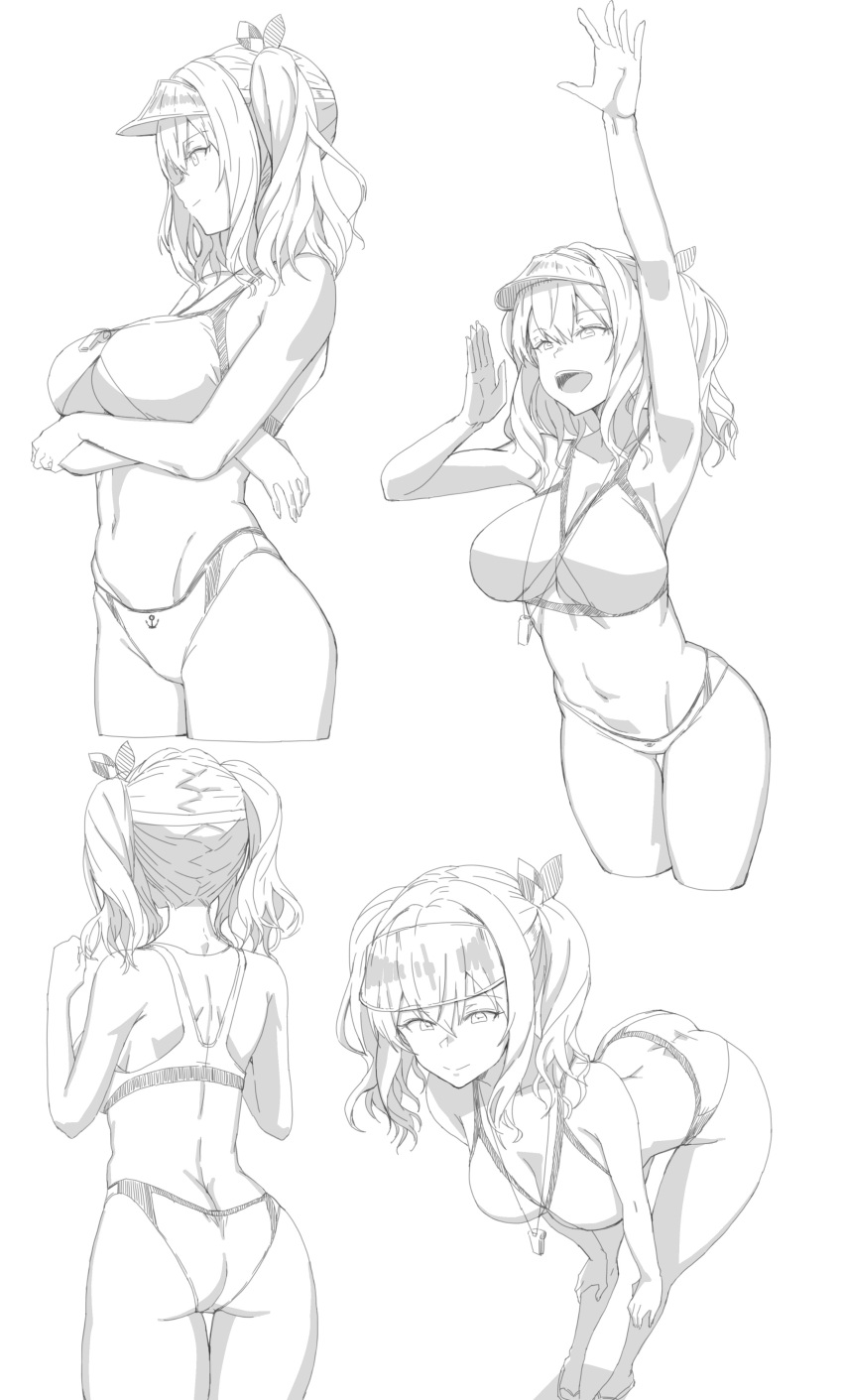 1girl absurdres arm_up ass attyon bangs bikini breasts crossed_arms greyscale hands_on_own_knees highres kantai_collection kashima_(kancolle) large_breasts leaning_forward long_hair looking_at_viewer monochrome multiple_views open_mouth simple_background smile swimsuit twintails visor_cap waving wavy_hair whistle whistle_around_neck