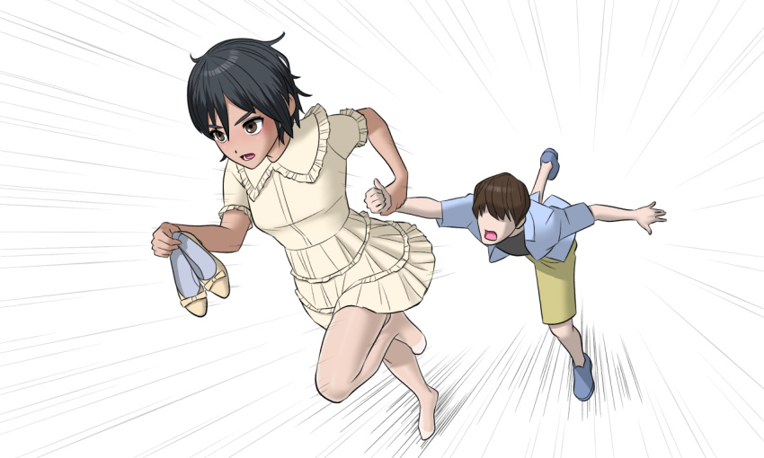 1boy 1girl bangs black_hair black_undershirt blue_footwear blue_shirt brown_eyes dress foot_up footwear_removed hair_between_eyes herikutsu_ryuutsuu_center holding_hands messy_hair notice_lines open_clothes open_mouth open_shirt original outstretched_arm pantyhose running shirt shoes short_hair shorts t-shirt tan v-shaped_eyebrows white_dress yellow_shorts