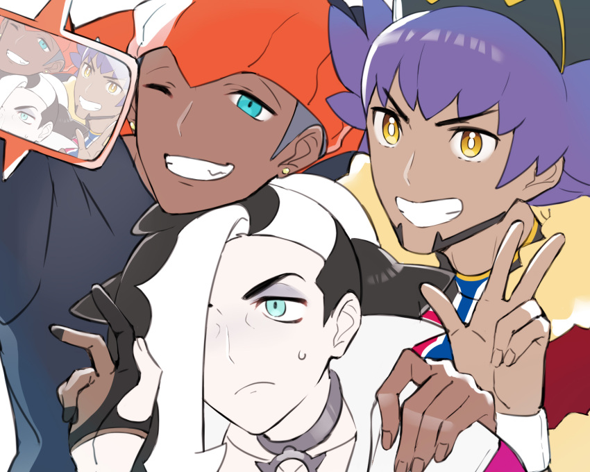 3boys bangs baseball_cap black_hair black_hoodie bright_pupils cape champion_uniform closed_mouth commentary_request dark-skinned_male dark_skin earrings facial_hair frown fur-trimmed_cape fur_trim gen_4_pokemon grin gym_leader hair_over_one_eye hand_on_another's_shoulder hand_up hat highres hood hoodie jacket jewelry leon_(pokemon) long_hair male_focus multicolored_hair multiple_boys one_eye_closed piers_(pokemon) pokemon pokemon_(game) pokemon_swsh pose purple_hair raihan_(pokemon) red_cape rotom rotom_phone shirt short_hair smile sweatdrop taking_picture teeth tudurimike two-tone_hair undercut w white_hair white_jacket white_pupils yellow_eyes