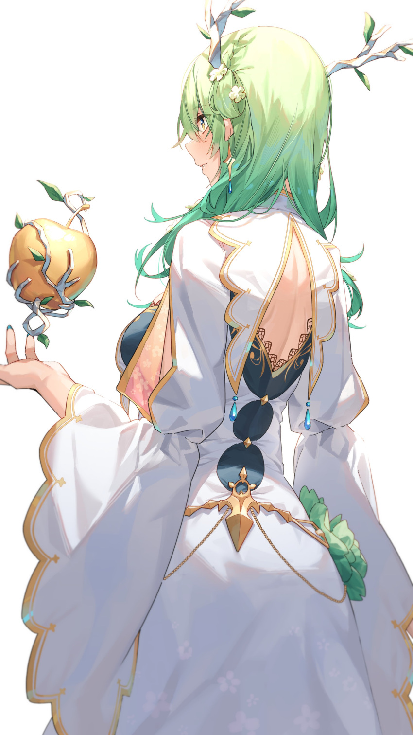 1girl absurdres apple back backless_outfit branch ceres_fauna dress earrings flower food from_behind fruit golden_apple green_eyes green_hair green_nails hair_flower hair_ornament highres hololive hololive_english horns jewelry long_hair nail_polish simple_background solo tsukino_(nakajimaseiki) virtual_youtuber white_background