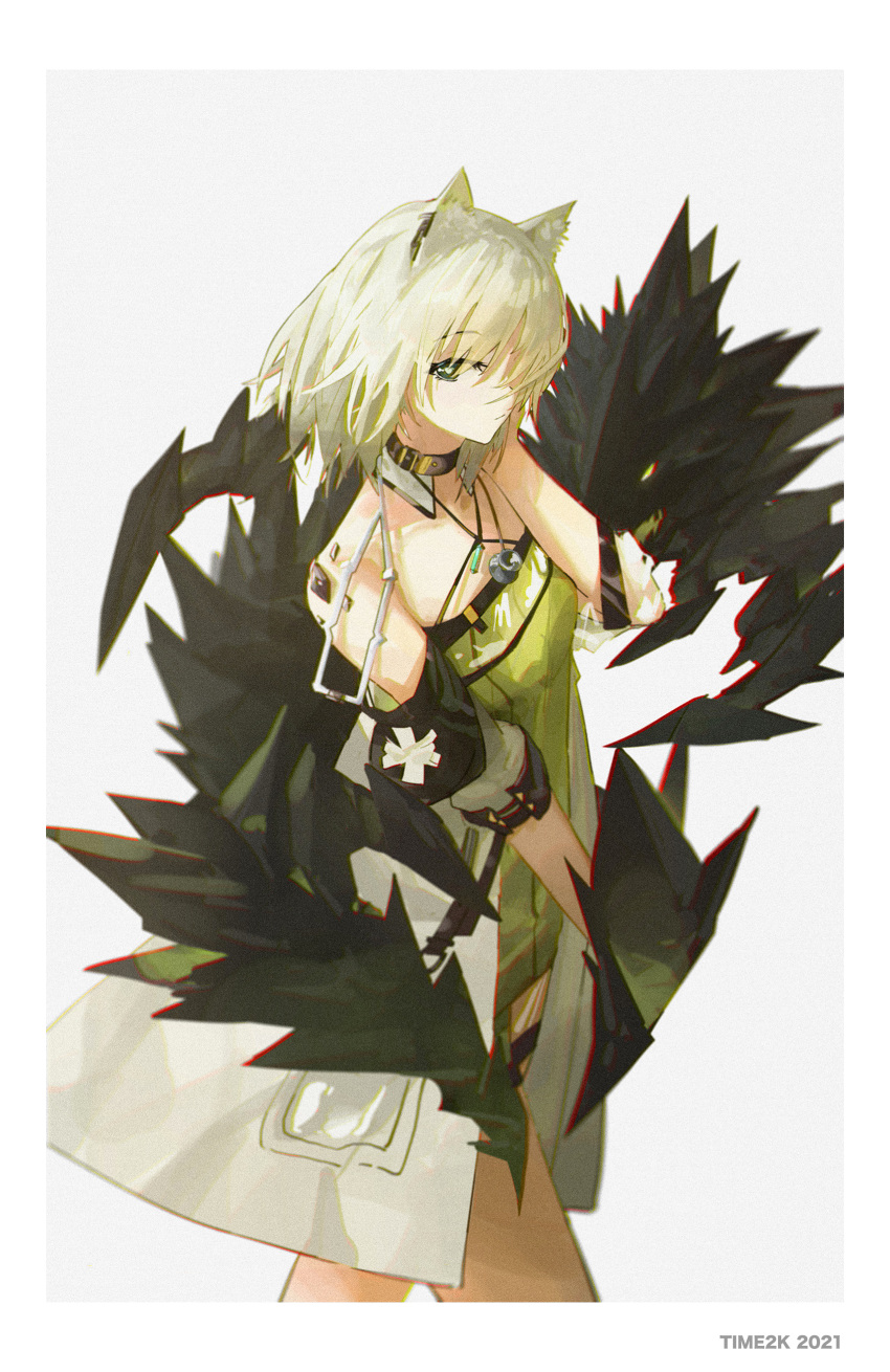 1girl absurdres animal_ear_fluff animal_ears arknights artist_name bangs bare_shoulders black_choker border cat_ears chinese_commentary choker chromatic_aberration closed_mouth coat commentary_request cowboy_shot dress expressionless from_side green_dress green_eyes grey_background hand_up highres kal'tsit_(arknights) looking_at_viewer medium_hair mon3tr_(arknights) off-shoulder_dress off_shoulder open_clothes open_coat oripathy_lesion_(arknights) short_sleeves simple_background solo time2k white_border white_coat white_hair