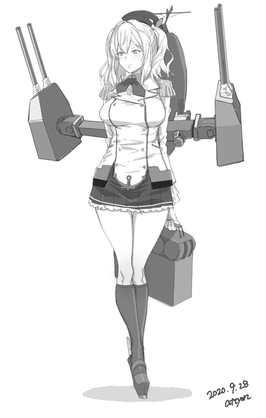 1girl absurdres attyon bangs beret breasts closed_mouth crossed_legs epaulettes eyebrows_visible_through_hair frilled_skirt frills full_body gloves greyscale hair_between_eyes hat highres kantai_collection kashima_(kancolle) kneehighs large_breasts long_hair long_sleeves military military_uniform monochrome pleated_skirt rigging rudder_footwear simple_background skirt solo standing twintails uniform watson_cross wavy_hair