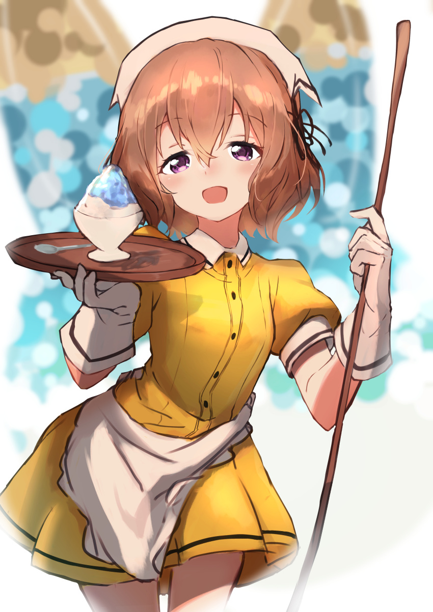 1girl :d absurdres apron bangs black_ribbon blend_s blurry blurry_background blush bob_cut brown_hair commentary dish eyebrows_visible_through_hair gloves hair_between_eyes hair_ribbon hair_strand head_scarf highres hoshikawa_mafuyu kootee-on looking_at_viewer open_mouth ribbon serving shaved_ice short_hair smile solo spoon stile_uniform tray violet_eyes waist_apron waitress walking wavy_hair white_gloves