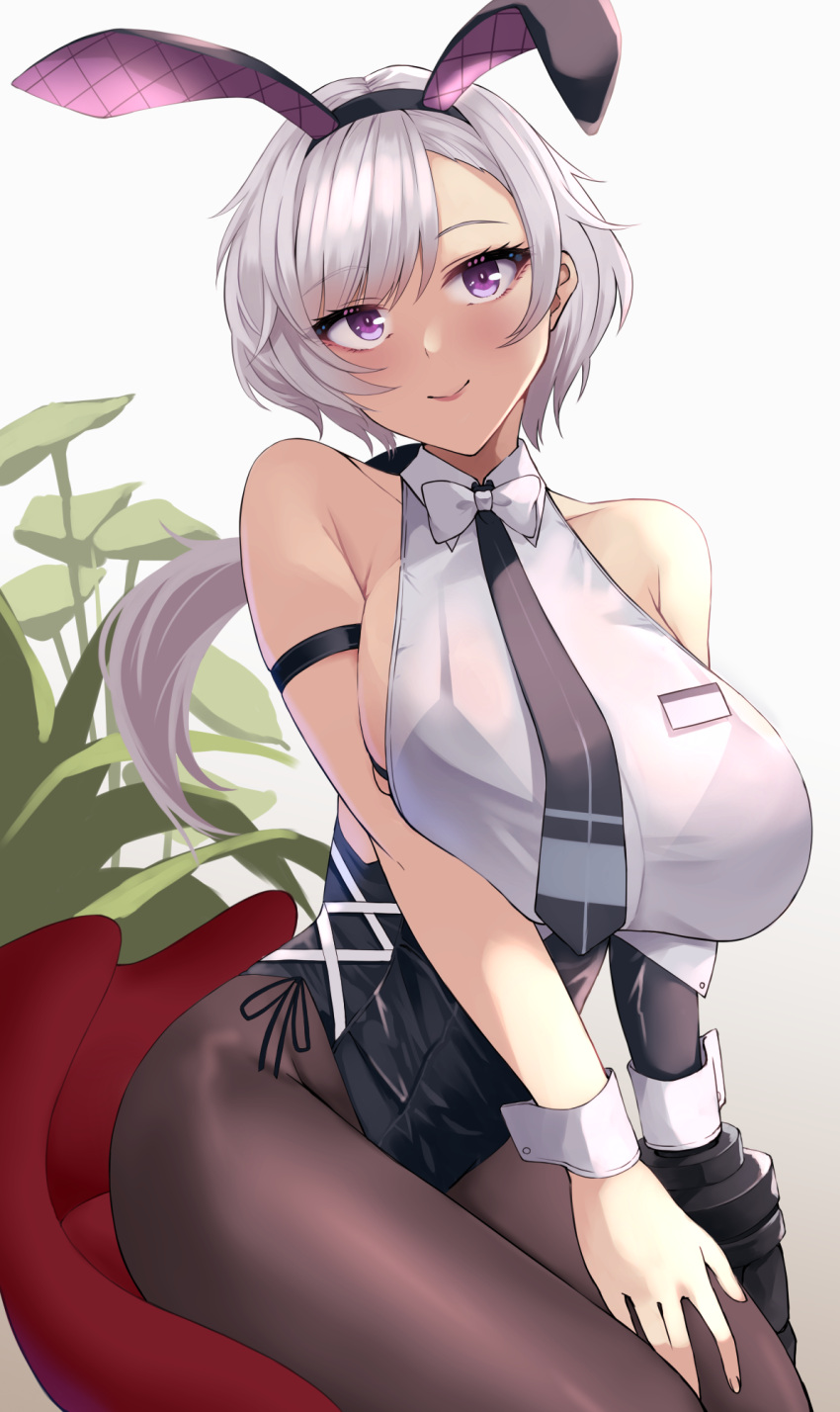 1girl animal_ears azur_lane bare_shoulders black_legwear black_neckwear breasts closed_mouth eyebrows_visible_through_hair fake_animal_ears hand_on_own_leg highres large_breasts looking_at_viewer medium_hair necktie pantyhose playboy_bunny reno_(azur_lane) reno_(reno_bunnino)_(azur_lane) side_ponytail silver_hair simple_background sitting smile solo thighs violet_eyes wee_(weeyy) white_background