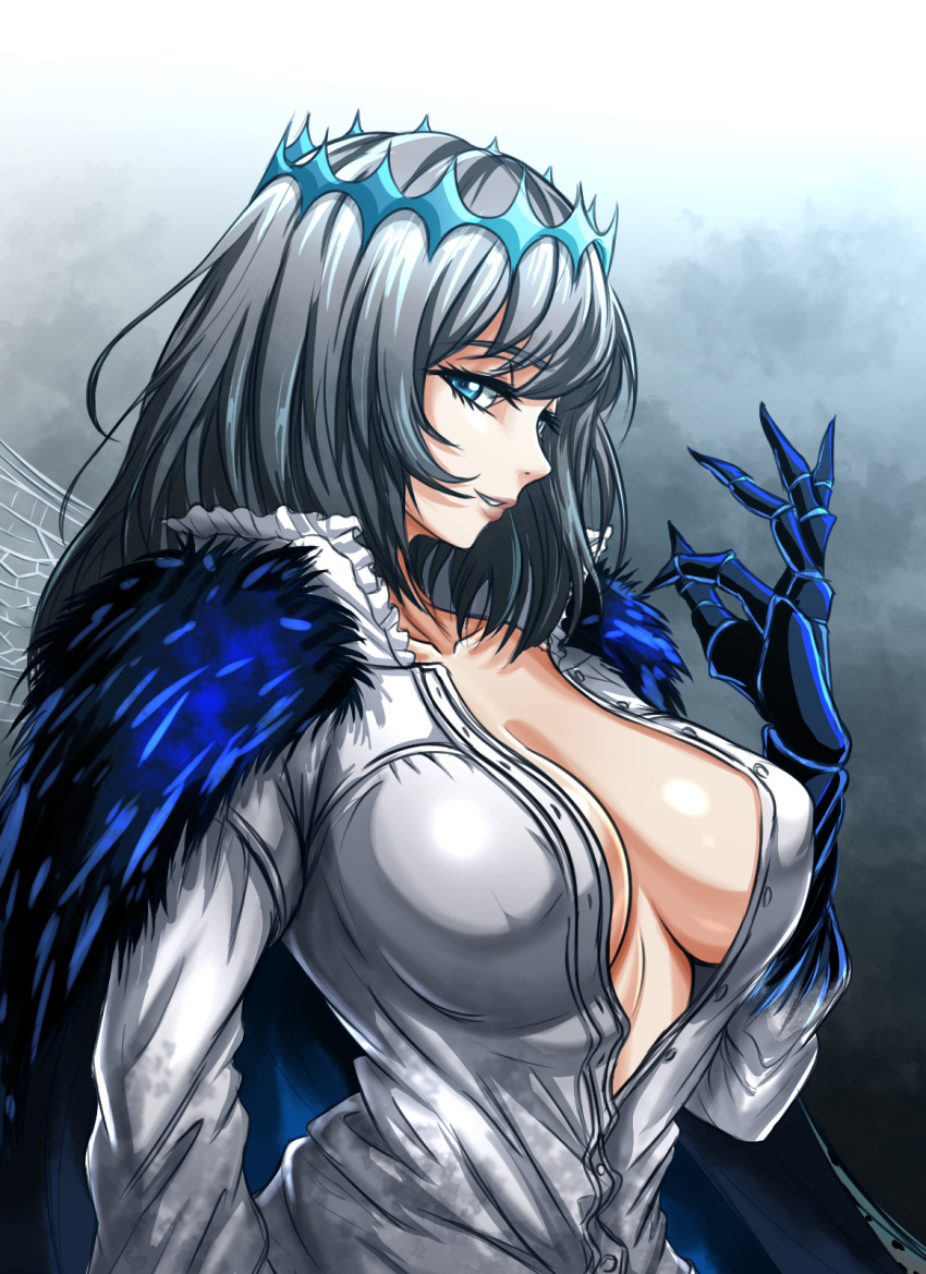 1girl blue_eyes breasts cloak collarbone collared_shirt crown eyebrows_visible_through_hair fate/grand_order fate_(series) from_side gauntlets genderswap genderswap_(mtf) grey_hair highres insect_wings large_breasts looking_at_viewer medium_hair oberon_(fate) parted_lips plunging_neckline shirt solo unbuttoned unbuttoned_shirt wings zantyarz