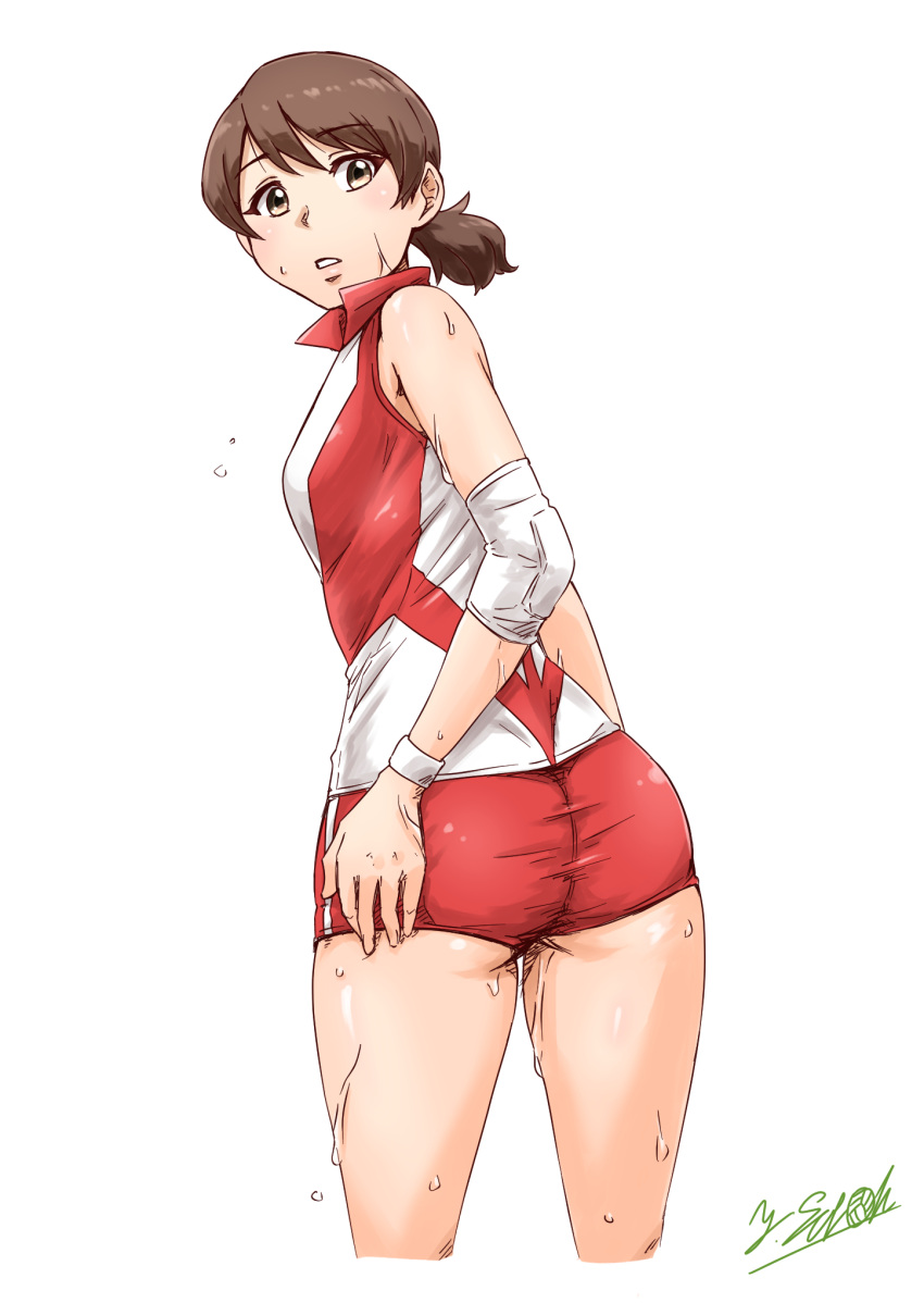 1girl artist_name ass bangs brown_eyes brown_hair commentary_request elbow_pads from_behind frown girls_und_panzer hand_on_hip highres kawanishi_shinobu looking_at_viewer looking_back parted_lips red_shirt red_shorts satou_yasu shirt short_hair short_ponytail short_shorts shorts signature simple_background single_vertical_stripe sleeveless sleeveless_shirt solo sportswear standing sweatdrop swept_bangs volleyball_uniform white_background