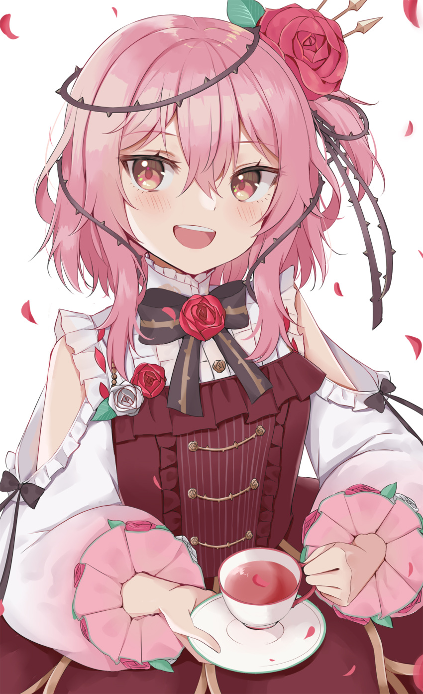 1girl blush brown_eyes clothing_cutout cup dress flower hair_flower hair_ornament highres holding holding_cup holding_plate looking_to_the_side nijisanji nijisanji_en open_mouth pink_hair plate red_dress red_flower red_rose rose rosemi_lovelock short_sidetail shoulder_cutout smile solo swon_(joy200892) tea teacup virtual_youtuber