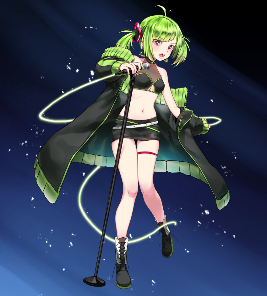 1girl absurdres artpatient asymmetrical_bangs bangs black_jacket black_skirt breasts character_name commentary delutaya english_commentary eyebrows_visible_through_hair green_hair highres holding holding_microphone indie_virtual_youtuber jacket microphone microphone_stand microskirt midriff navel open_mouth pencil_skirt short_hair skirt small_breasts solo thigh_strap twintails virtual_youtuber