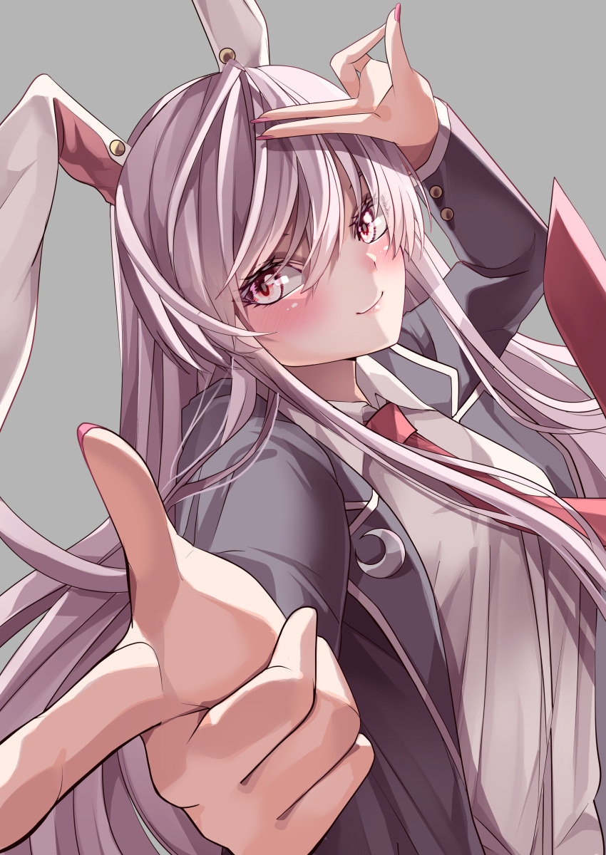 1girl absurdres animal_ears bangs black_jacket blazer closed_mouth collared_shirt crescent crescent_pin eyebrows_behind_hair fingernails grey_background highres jacket long_fingernails long_hair long_sleeves looking_at_viewer maboroshi_mochi necktie pink_nails purple_hair rabbit_ears red_eyes red_neckwear reisen_udongein_inaba shirt simple_background smile solo touhou upper_body white_shirt
