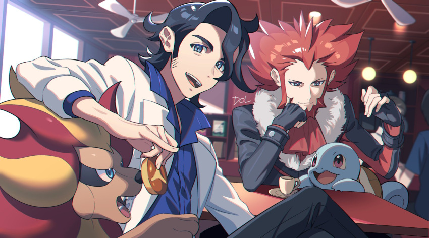 2boys :d augustine_sycamore beard black_gloves black_hair blue_eyes closed_mouth commentary curly_hair dolustoy facial_hair feeding fingerless_gloves fur-trimmed_jacket fur_trim gen_1_pokemon gen_6_pokemon gloves grey_eyes hands_up highres holding indoors jacket labcoat lysandre_(pokemon) male_focus multiple_boys open_mouth pokemon pokemon_(creature) pokemon_(game) pokemon_xy pyroar pyroar_(male) shirt signature smile squirtle team_flare tongue upper_teeth