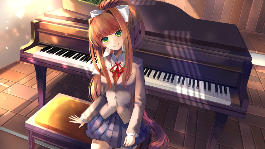 1girl bangs blue_skirt brown_hair commentary doki_doki_literature_club english_commentary eyebrows_visible_through_hair grand_piano green_eyes grey_jacket hair_ribbon head_tilt highres indoors instrument jacket long_hair long_sleeves looking_at_viewer making-of_available monika_(doki_doki_literature_club) piano pleated_skirt ribbon school_uniform sidelocks skirt smile solo takuyarawr very_long_hair white_ribbon