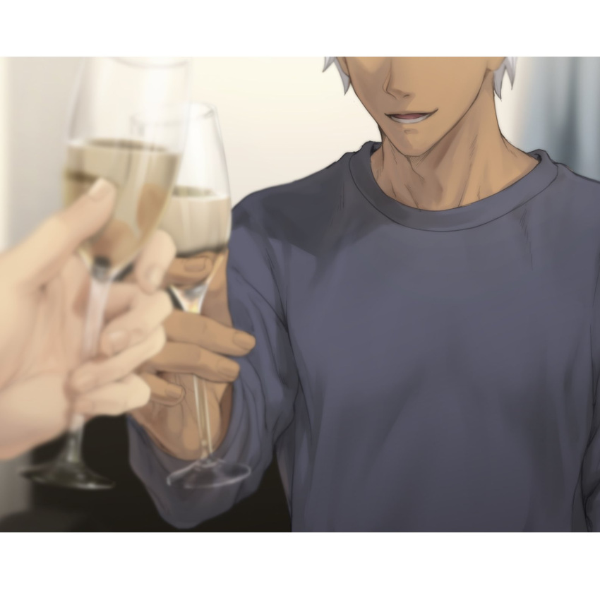 1boy 1other archer_(fate) bangs blurry blurry_background blurry_foreground cup dark-skinned_male dark_skin depth_of_field fate_(series) grey_hair hands head_out_of_frame highres holding holding_cup long_sleeves male_focus mondi_hl open_mouth short_hair smile solo_focus sweater symbol-only_commentary teeth