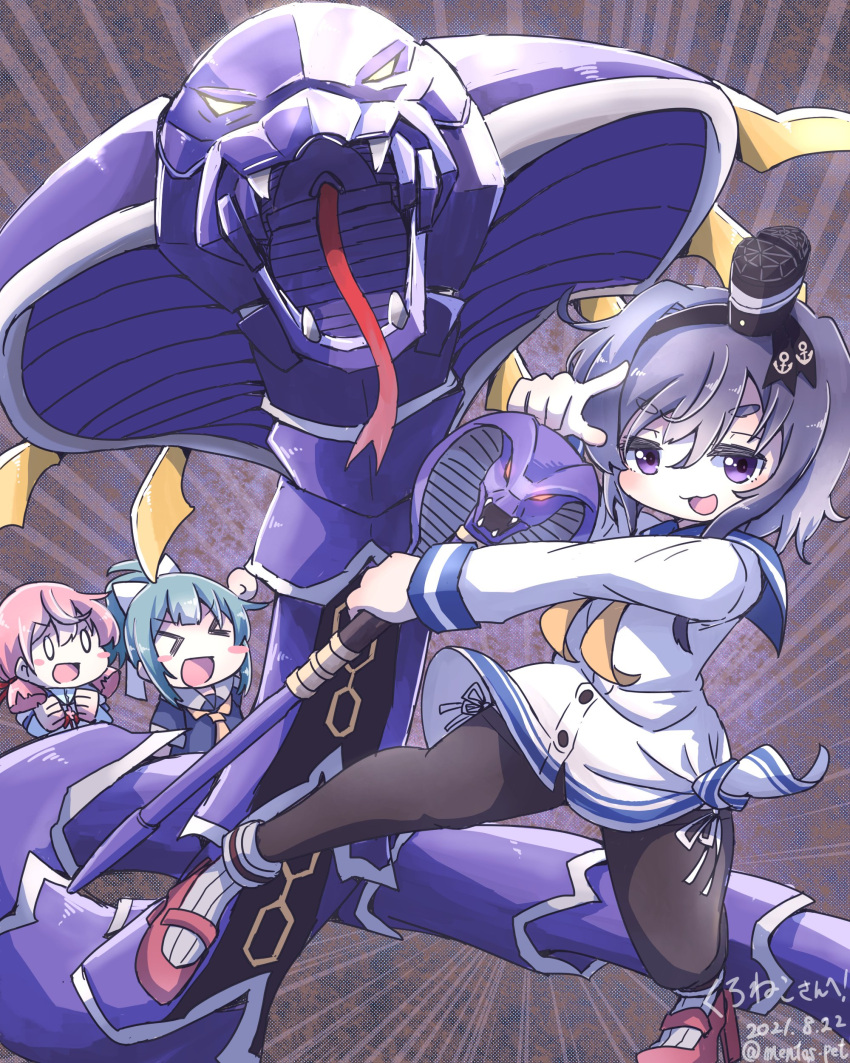 &gt;_&lt; 3girls :3 absurdres akashi_(kancolle) anchor_symbol aoba_(akibajun) bangs black_legwear blush commission crossover dated dress green_hair grey_hair highres holding kamen_rider kamen_rider_ryuki_(series) kantai_collection long_hair long_sleeves mecha multiple_girls open_mouth panties pantyhose pink_hair ponytail red_footwear rudder_footwear sailor_collar sailor_dress school_uniform serafuku shirt short_hair_with_long_locks short_sleeves side-tie_panties simple_background skeb_commission tied_shirt tokitsukaze_(kancolle) twitter_username underwear venosnaker violet_eyes white_background white_dress white_panties yellow_neckwear yuubari_(kancolle)