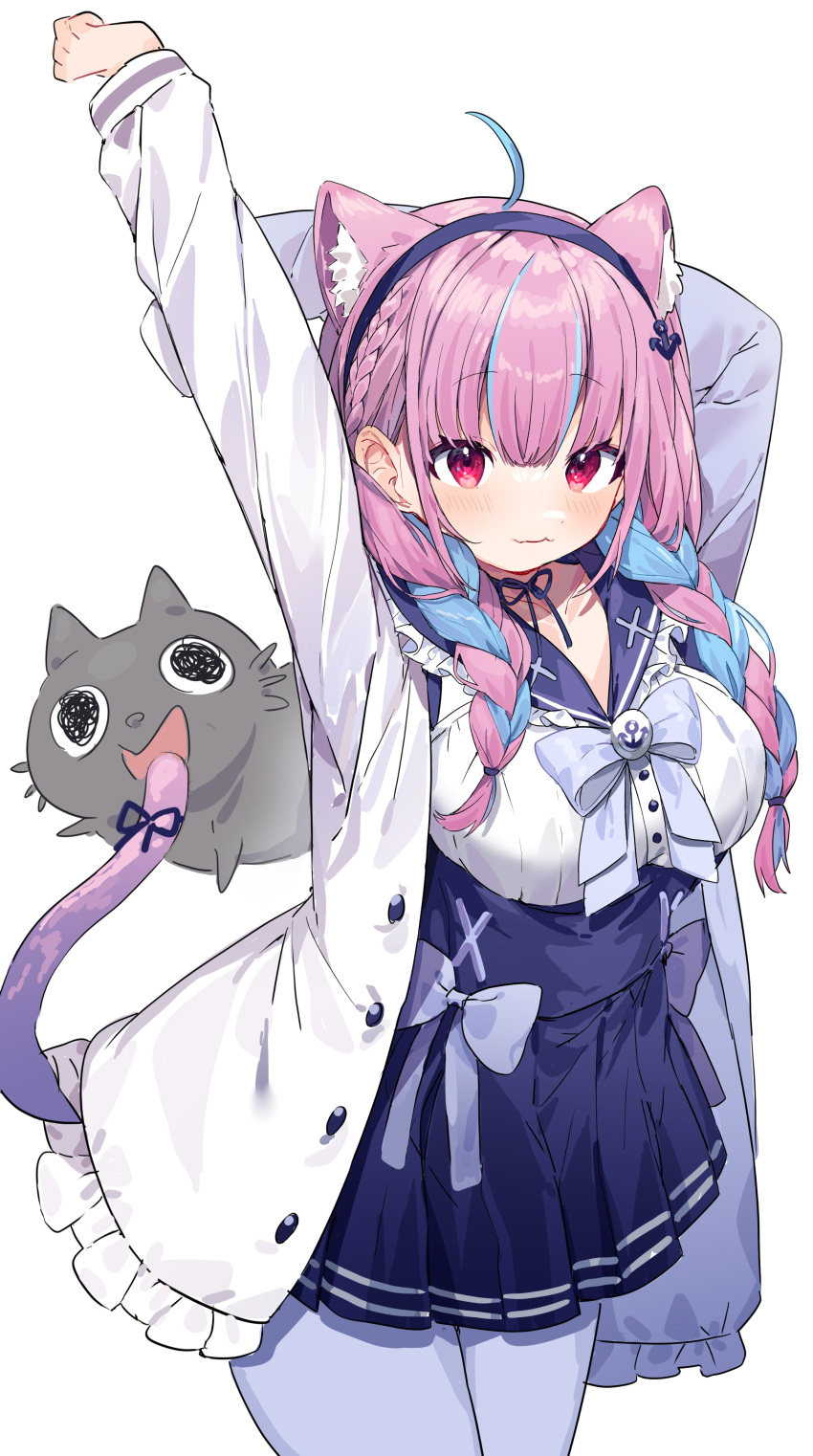 1girl absurdres ahoge animal_ears blue_hair bow bowtie braid breasts cat cat_ears cat_girl cat_tail commentary cowboy_shot hairband highres hololive inu_(puputizy) long_sleeves looking_at_viewer medium_breasts minato_aqua pantyhose purple_hair red_eyes simple_background skirt solo standing tail twin_braids virtual_youtuber white_background