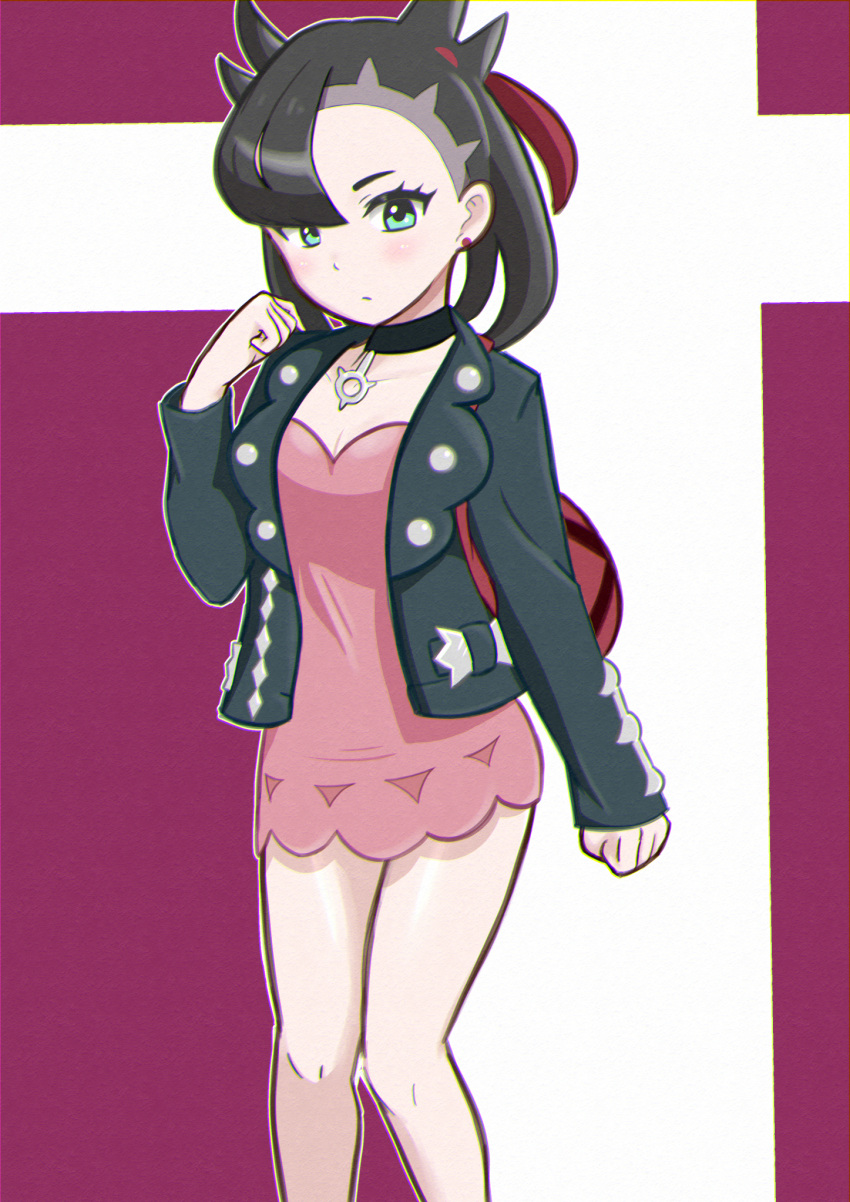 1girl asymmetrical_bangs backpack bag bangs black_choker black_hair black_jacket blush breasts choker clenched_hands closed_mouth commentary_request dress earrings eyelashes green_eyes hair_ribbon hand_up highres jacket jewelry knees kukaninugi long_sleeves looking_at_viewer marnie_(pokemon) open_clothes open_jacket pink_dress pokemon pokemon_(game) pokemon_swsh red_bag red_ribbon ribbon shiny shiny_skin solo twintails