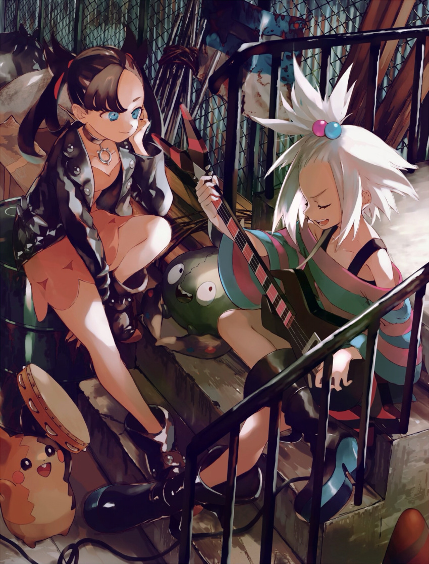 2girls :d ankle_boots asymmetrical_bangs bangs bass_guitar black_footwear black_hair black_jacket blue_eyes boots choker closed_eyes closed_mouth collarbone commentary_request dress eyelashes fence gen_5_pokemon gen_8_pokemon gym_leader hair_bobbles hair_ornament hair_ribbon hand_up highres holding holding_instrument instrument jacket looking_at_another marnie_(pokemon) morpeko morpeko_(full) multiple_girls music open_clothes open_jacket open_mouth orange_mikan pink_dress platform_boots playing_instrument pokemon pokemon_(creature) pokemon_(game) pokemon_bw2 pokemon_swsh red_ribbon ribbon roxie_(pokemon) sitting smile spiky_hair stairs striped striped_dress tambourine teeth tongue topknot trubbish two-tone_dress white_hair