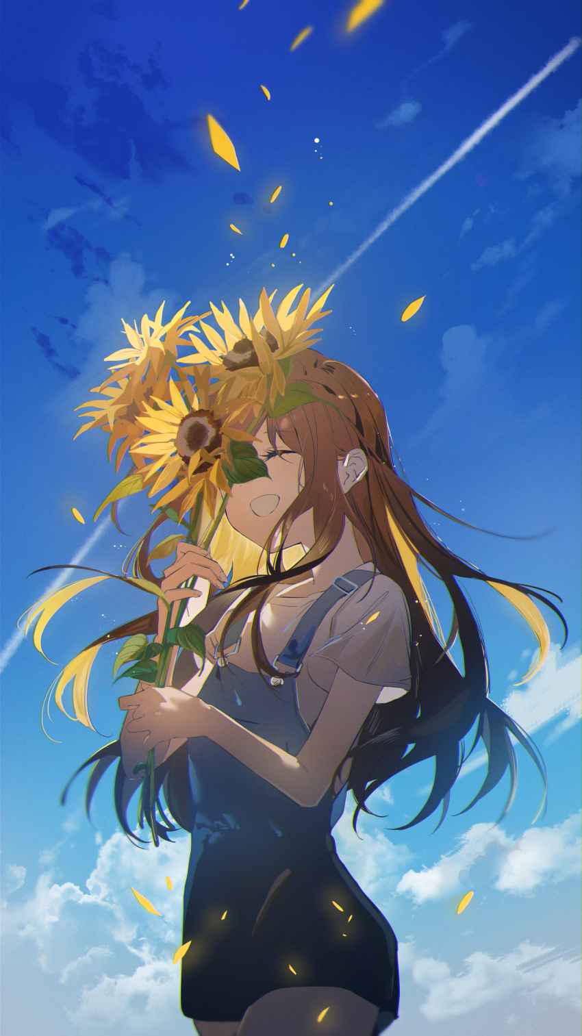 1girl absurdres blue_sky brown_hair closed_eyes clouds commentary condensation_trail cowboy_shot falling_petals flower grin hands_up highres holding holding_flower huge_filesize long_hair omutatsu original overalls petals shirt short_sleeves sky smile solo sunflower t-shirt white_shirt