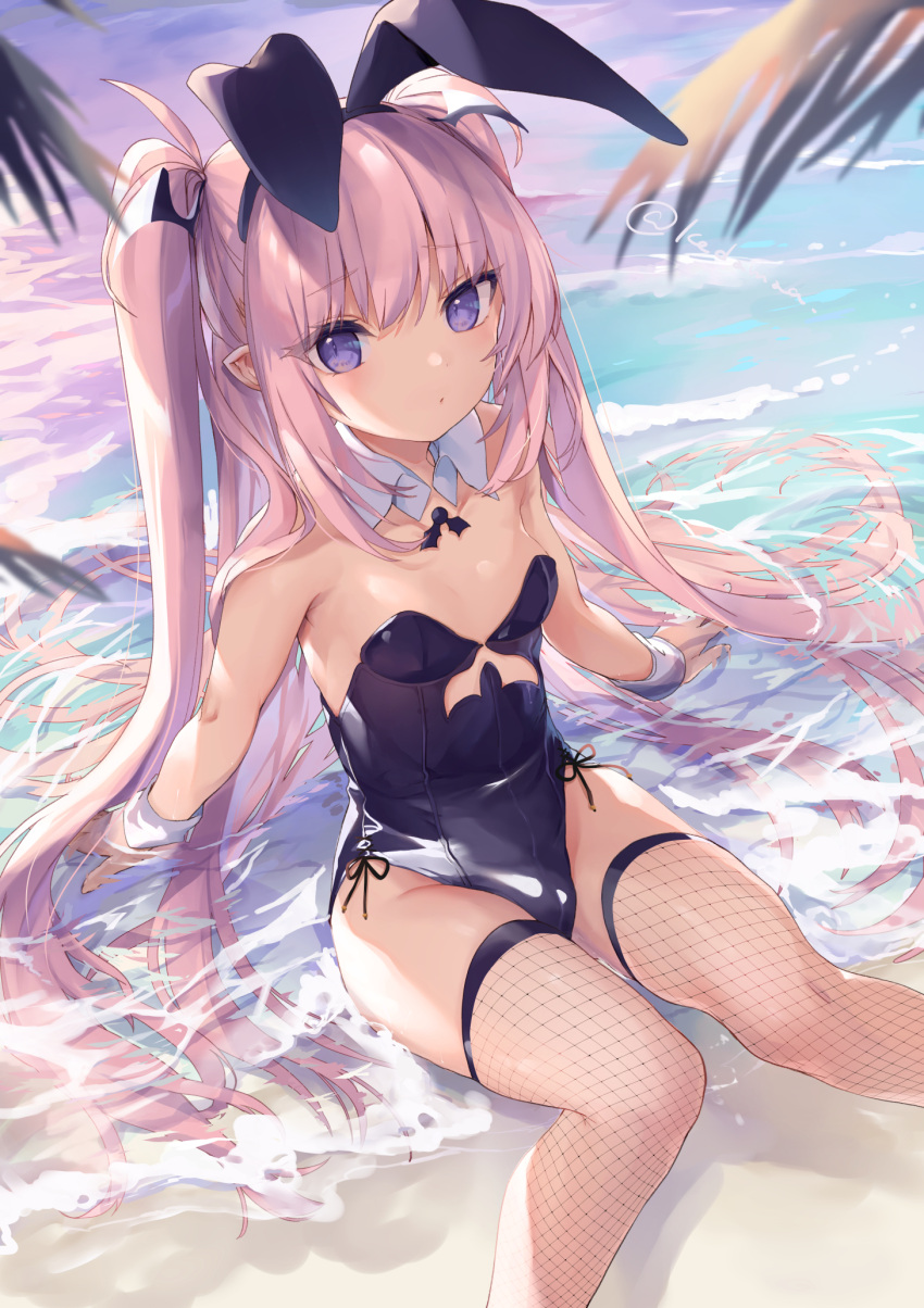 1girl animal_ears bare_arms bare_shoulders beach black_leotard breasts demon_girl detached_collar fake_animal_ears fishnets hairband head_wings highres kedama_milk leotard long_hair looking_at_viewer original pink_hair playboy_bunny pointy_ears rabbit_ears sakyumama_(kedama_milk) sidelocks sitting small_breasts solo strapless strapless_leotard thigh-highs two_side_up very_long_hair violet_eyes water wrist_cuffs