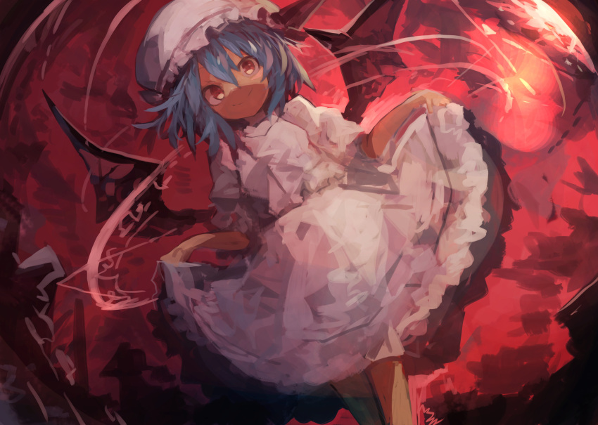 1girl absurdres bangs bat_wings blue_hair bow closed_mouth dress dutch_angle feet_out_of_frame frilled_dress frilled_hat frills hair_between_eyes hat hat_bow highres kaamin_(mariarose753) long_hair looking_at_viewer magic_circle outdoors red_bow red_eyes red_sky remilia_scarlet short_sleeves skirt_hold sky smile solo standing touhou white_dress white_headwear wings