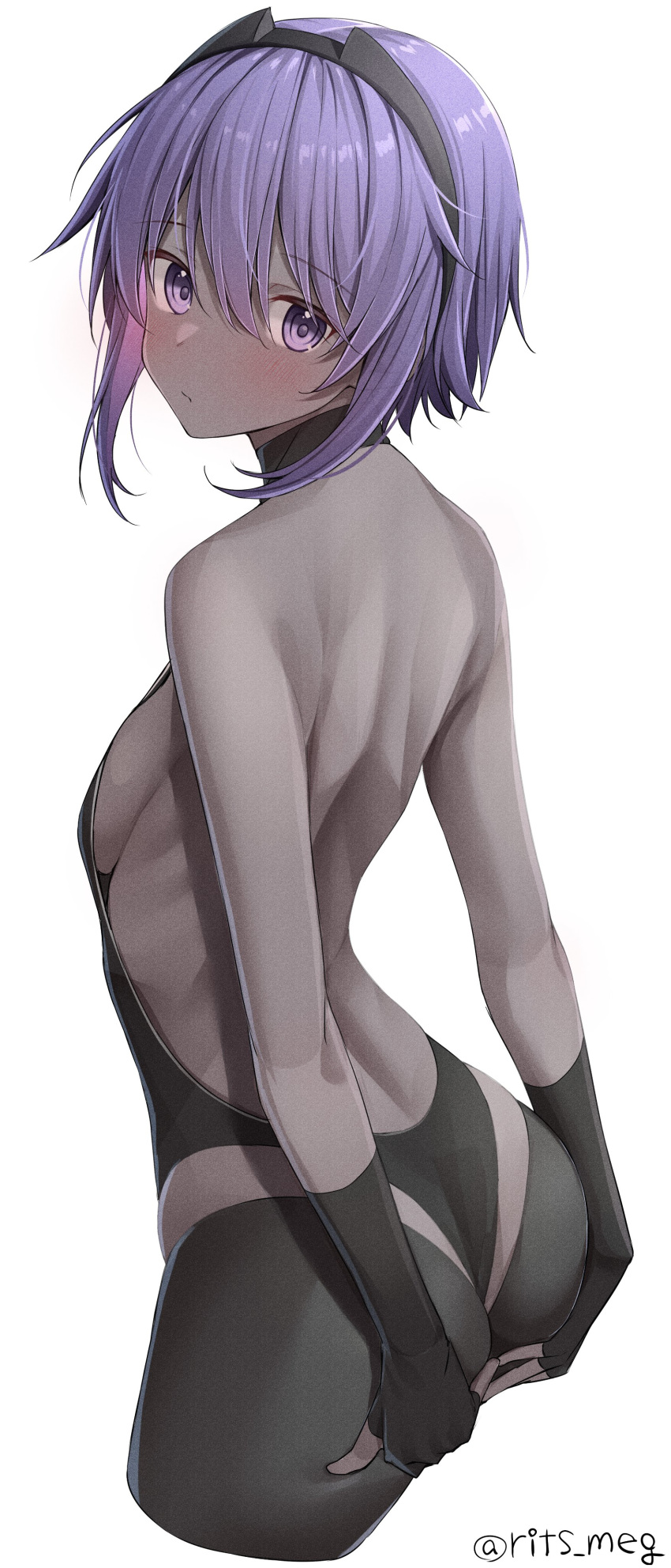 1girl absurdres arched_back arms_behind_back ass backless_leotard bangs bare_back bare_shoulders black_gloves black_legwear breasts closed_mouth cropped_legs dark-skinned_female dark_skin eyebrows_visible_through_hair fate/prototype fate/prototype:_fragments_of_blue_and_silver fate_(series) fingerless_gloves from_side gloves hair_between_eyes hairband hands_on_own_ass hassan_of_serenity_(fate) highres looking_at_viewer looking_back purple_hair rits_(apud8788) short_hair sideboob simple_background small_breasts solo twitter_username violet_eyes white_background