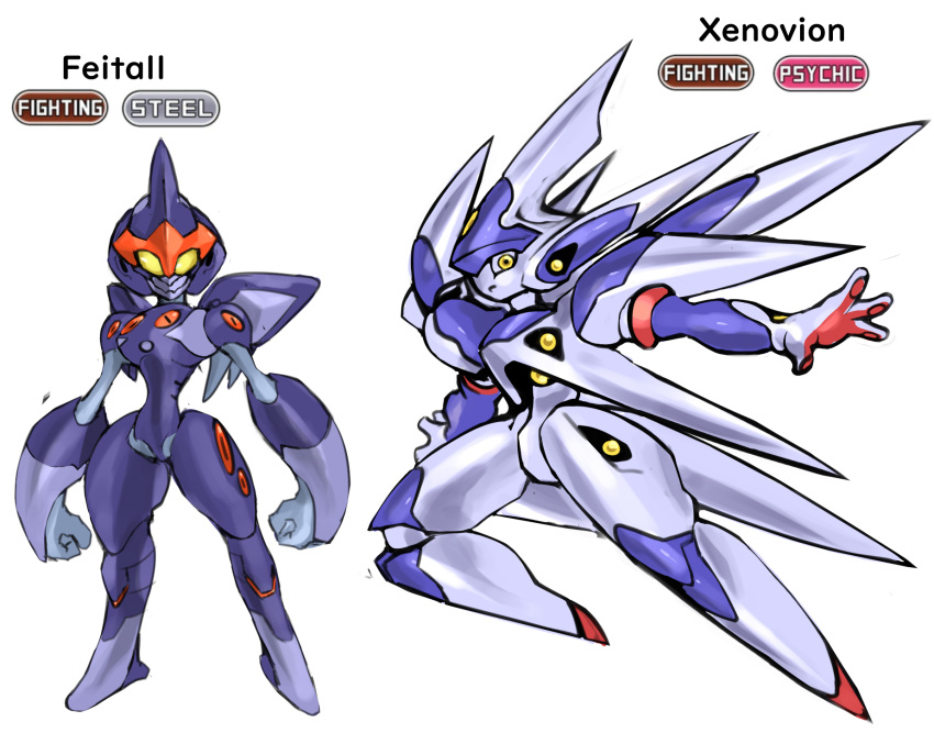 clenched_hands fakemon highres looking_at_viewer mecha no_humans open_hands parody pillar_buster pokemon shirt style_parody weltall white_shirt xenogears xenogears_(mecha) yellow_eyes