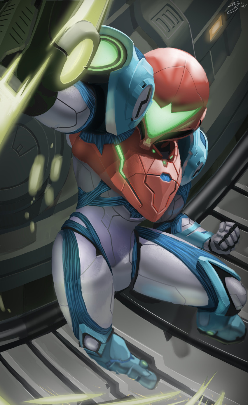 1girl absurdres arm_cannon armor glowing gun helmet highres looking_at_viewer metroid metroid_dread power_armor samus_aran science_fiction sidelocks simple_background snagback solo upper_body varia_suit visor weapon