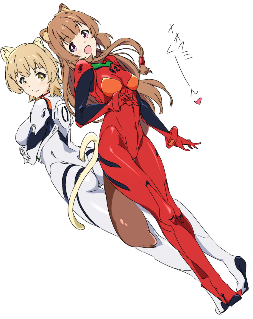 2girls :d animal_ears ayanami_rei ayanami_rei_(cosplay) blonde_hair breasts brown_hair closed_mouth commentary_request cosplay eyebrows_visible_through_hair full_body highres long_hair looking_at_viewer medium_breasts multiple_girls neon_genesis_evangelion open_mouth pink_eyes plugsuit raccoon_ears raccoon_girl raccoon_tail raphtalia rifana short_hair smile souryuu_asuka_langley souryuu_asuka_langley_(cosplay) standing tail tate_no_yuusha_no_nariagari translation_request umanosuke yellow_eyes