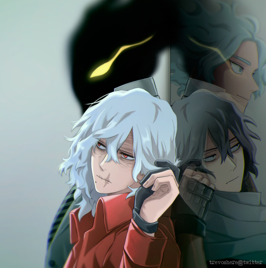 4boys back-to-back bangs black_gloves blue_hair boku_no_hero_academia clouds commentary different_reflection eraser_head_(boku_no_hero_academia) gloves glowing glowing_eye grey_background grey_hair hair_between_eyes half_gloves hand_up highres jacket kurogiri_(boku_no_hero_academia) long_hair male_focus messy_hair mirror mole mole_under_mouth multiple_boys red_eyes red_jacket reflection scar scar_on_face scarf shigaraki_tomura shirakumo_oboro simple_background spoilers standing trevo_(trevoshere) twitter_username wrinkled_skin yellow_eyes