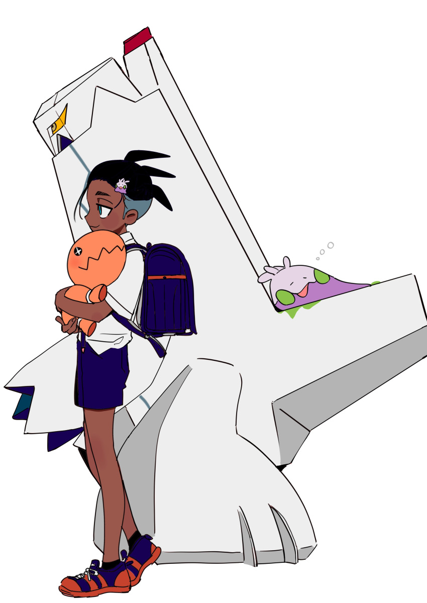 1boy absurdres backpack bag black_hair blue_bag blue_shorts bubble closed_mouth collared_shirt dark-skinned_male dark_skin duraludon from_side gen_3_pokemon gen_6_pokemon gen_8_pokemon goomy hair_ornament highres hironegaika male_focus pokemon pokemon_(creature) pokemon_(game) pokemon_swsh raihan_(pokemon) shirt shoes short_hair short_sleeves shorts simple_background smile standing trapinch two-tone_footwear undercut white_background white_shirt younger