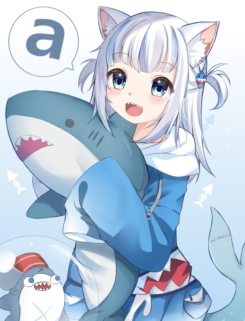 1girl :d a absurdres animal_ear_fluff animal_ears bloop_(gawr_gura) blue_background blue_eyes blue_hair blue_hoodie blush cat_ears drawstring fish_tail gawr_gura gradient gradient_background hair_ornament highres hololive hololive_english hood hood_down hoodie ikea_shark long_sleeves looking_at_viewer lydia601304 multicolored_hair open_mouth shark_tail sharp_teeth silver_hair sleeves_past_fingers sleeves_past_wrists smile speech_bubble streaked_hair stuffed_animal stuffed_shark stuffed_toy tail teeth two_side_up virtual_youtuber white_background