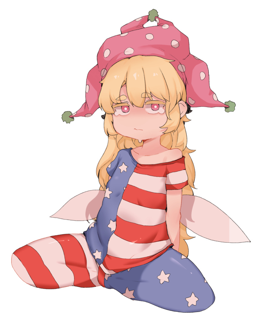 1girl absurdres american_flag_legwear blonde_hair bright_pupils clownpiece collarbone doro_au eyebrows_visible_through_hair fairy_wings hat highres jester_cap long_hair looking_at_viewer pantyhose pink_eyes pink_headwear polka_dot shirt short_eyebrows short_sleeves simple_background single_bare_shoulder solo spread_legs star_(symbol) star_print striped thick_eyebrows touhou very_long_hair white_background wings