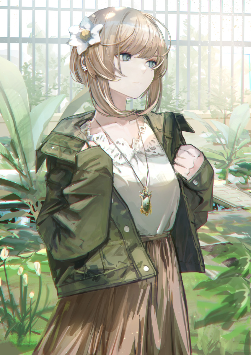 1girl absurdres bangs blonde_hair blouse bridge bush buttons collarbone earrings fence flower foliage gem grass green_jacket grey_eyes ground hair_flower hair_ornament hand_on_own_chest hands_up hashimoto_kokai highres jacket jewelry looking_away necklace original plant pond shaded_face short_hair solo standing star_(symbol) star_earrings sunlight