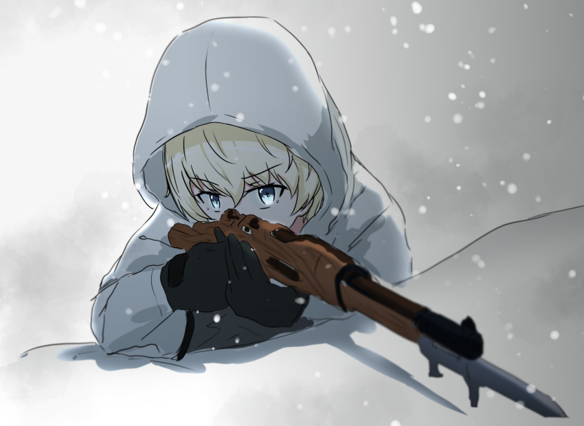 1girl aiming bangs bayonet black_gloves blue_eyes bolt_action coat commentary_request eyebrows_visible_through_hair girls_und_panzer gloves gun holding holding_gun holding_weapon hood hood_up hooded_coat korean_commentary long_sleeves looking_at_viewer rifle shadow short_hair silver_hair snow solo weapon white_coat youko_(girls_und_panzer) yu_arin