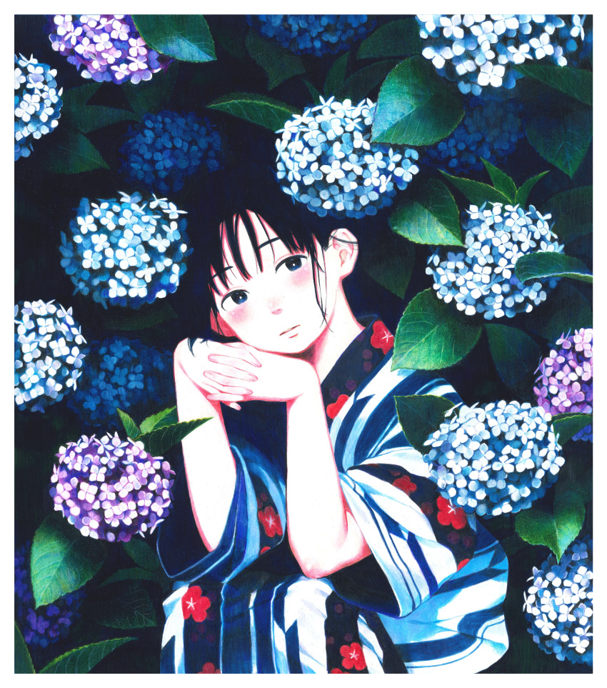 1girl absurdres bangs black_eyes black_hair blue_flower blush border colored_pencil_(medium) commentary_request floral_print flower fuyuno_kamome hands_together head_rest highres hydrangea japanese_clothes kimono leaf looking_at_viewer original own_hands_together parted_lips plant purple_flower short_sleeves solo squatting traditional_media white_border