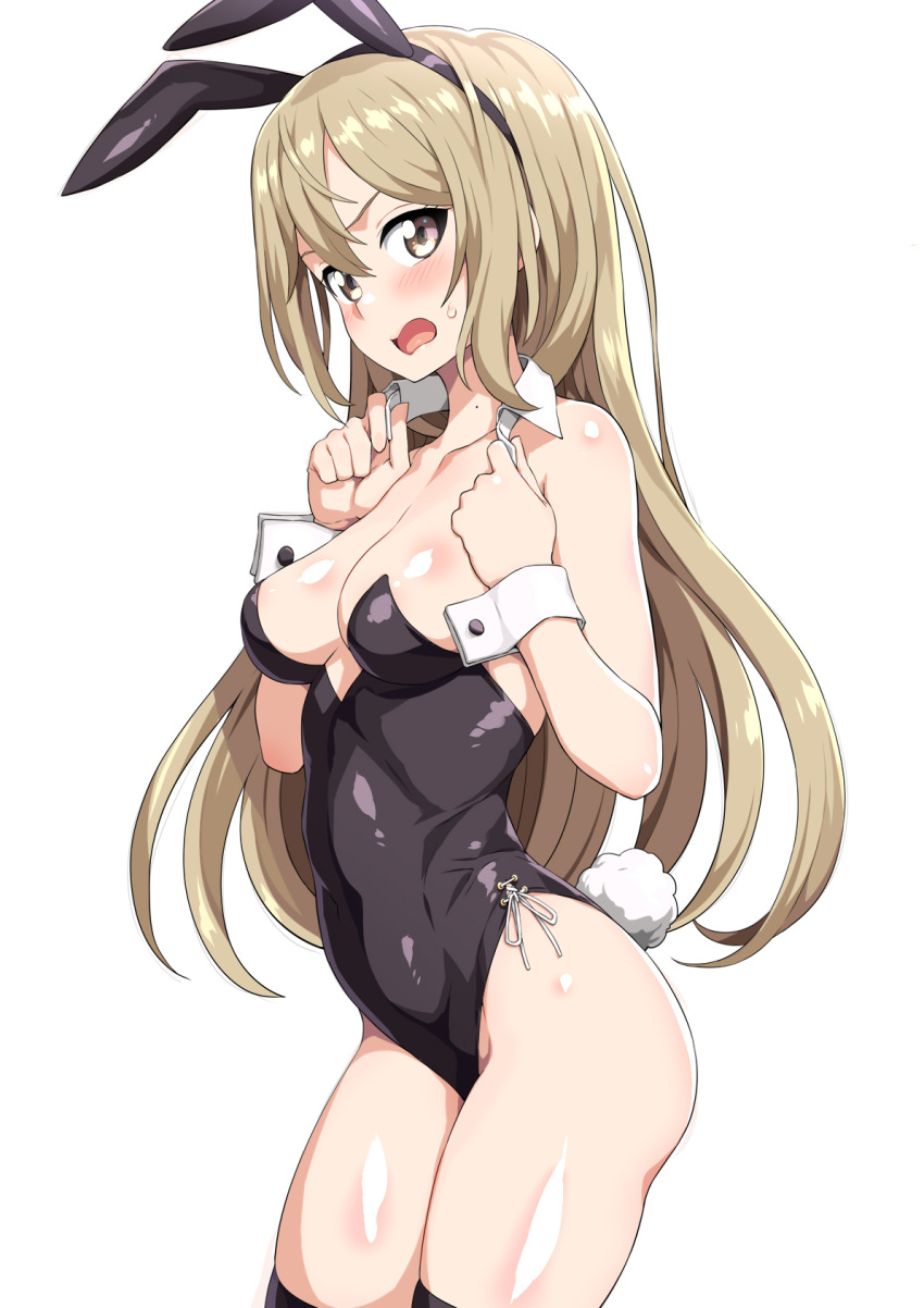 1girl animal_ears black_legwear black_leotard black_neckwear breasts brown_eyes detached_collar highres kotokawa_akira leotard light_brown_hair long_hair looking_at_viewer one_room open_mouth playboy_bunny rabbit_ears rabbit_tail shin'ya_(shin'yanchi) simple_background small_breasts solo strapless strapless_leotard tail thigh-highs undressing white_background wrist_cuffs